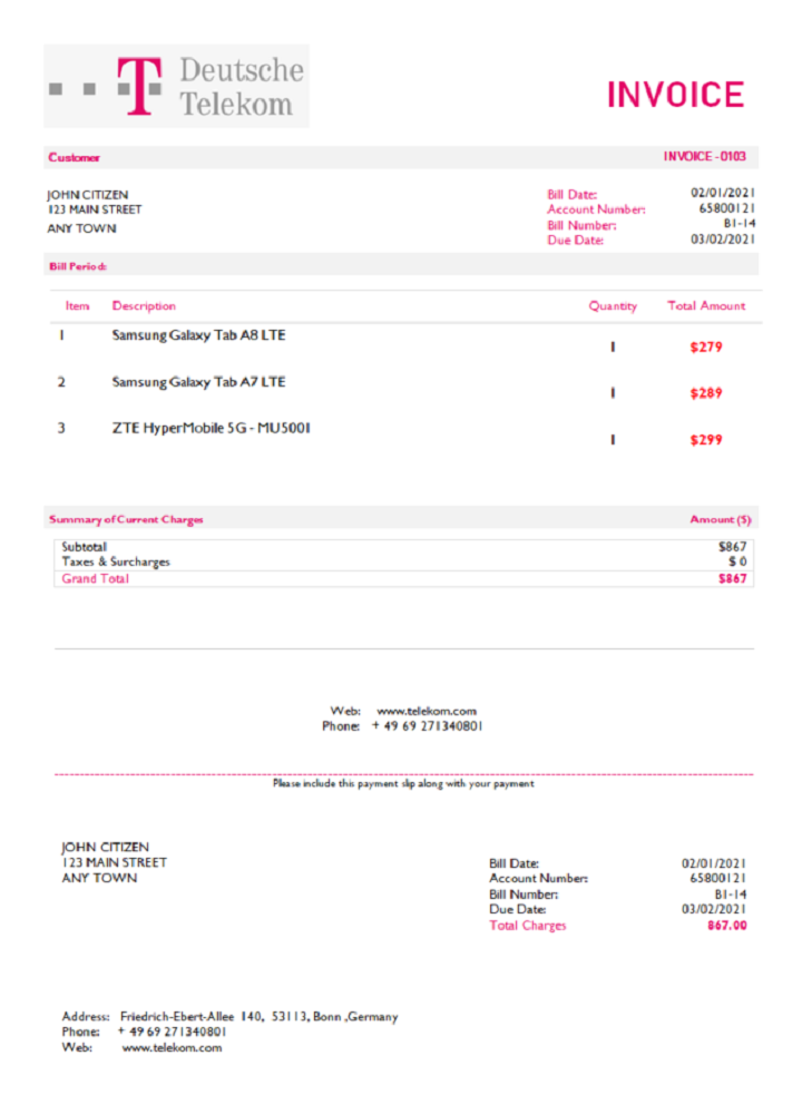 USA Deutsche Telecom invoice PSD template